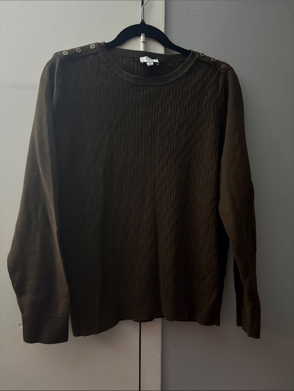 Kim Rogers Olive Crewneck Cable Knit Sweater with Shoulder Buttons